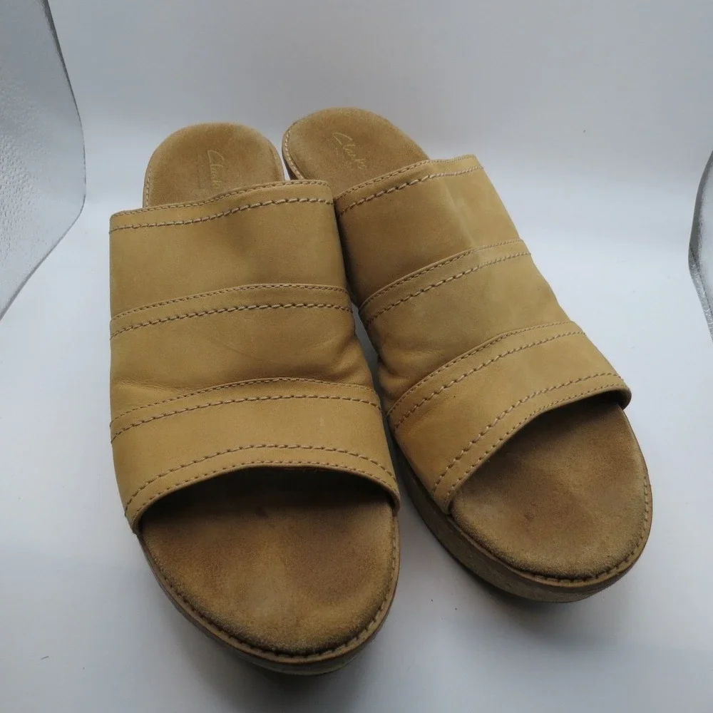 Clarks Womens Aisley Lily Tan Nubuck Platform Wedge Heel Summery Classic Sz 12